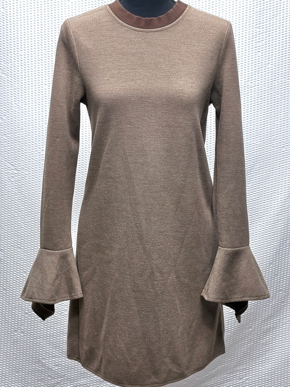 Very J Ribbed Bell Sleeve Dress Women’s S Taupe Brown Ringer Boho Mini